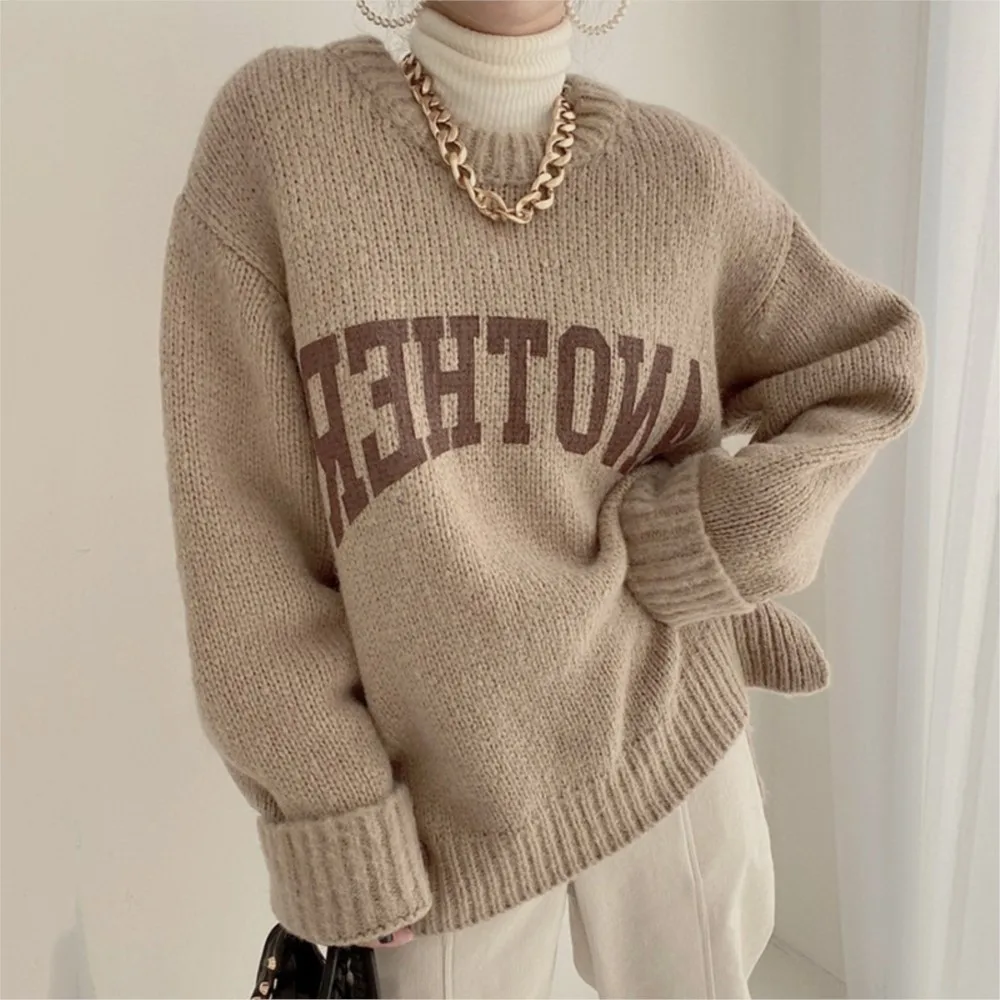 Winter Kleidung Frau Zieht Femmes Stil Westlichen Candy Farbe Pullover frauen Lose Verdickt Rundhals Brief Stricken Pullover Chic