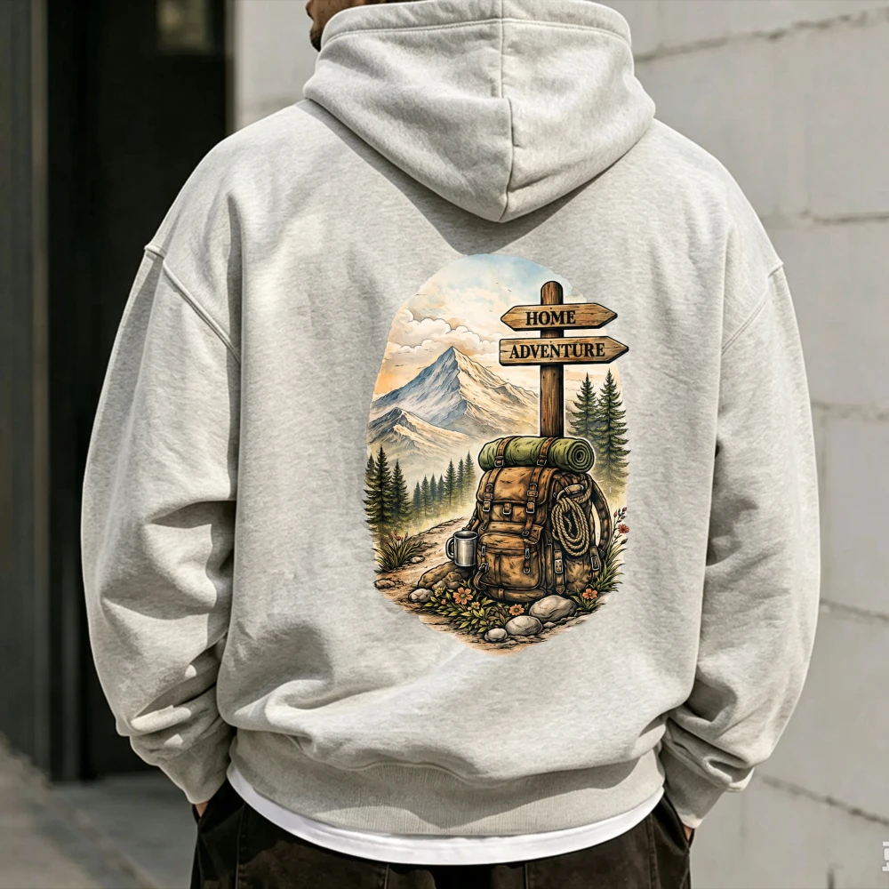 Home Adventure Backpack Signpost Mountain Forest Watercolor Hoodie Front Print Pullover Sweatshirt Wilderness Hiking Hooded Tops