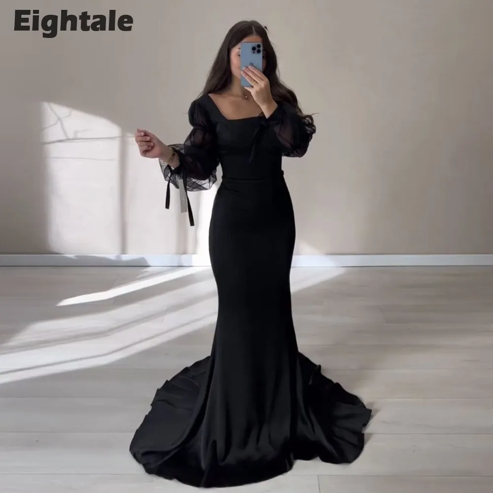 

Eightale Elegant Evening Dress Tulle Puffy Sleeves Long Formal Custom Made Color Satin Mermaid Prom Party Gowns