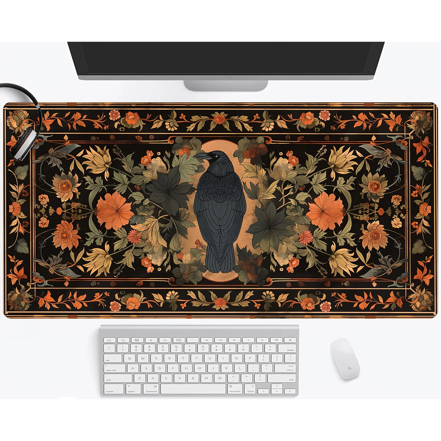 

Black Bird and floral aesthetic large mouse pad, Persian-style anti-slip rubber base, office and home computer accessories