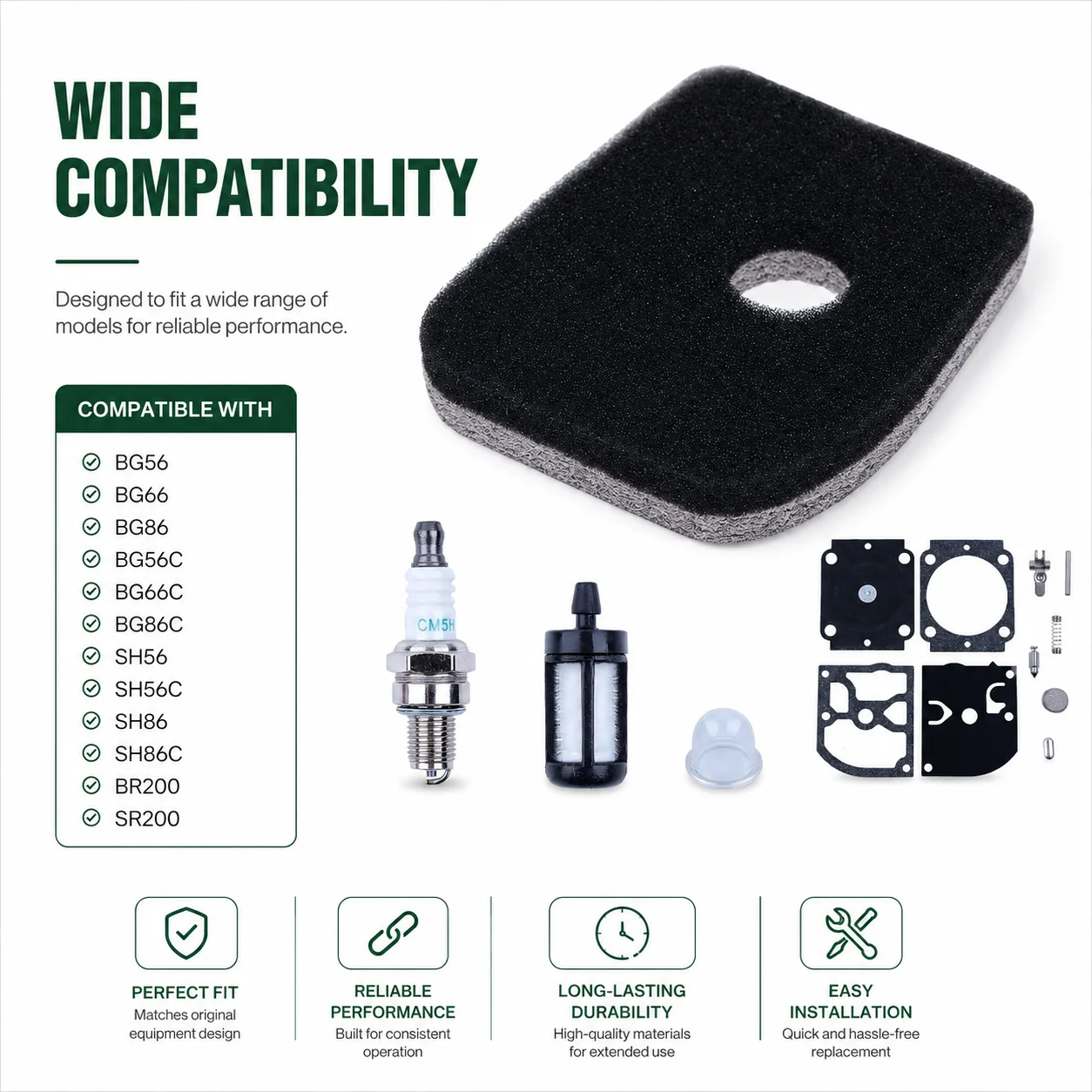Air Filter Service Kit Carb Rebuild Kit Spark Plug Fuel Filter For Stihl SH56C SH86C BR200 SR200 Backpack Blower 4241 007 1800