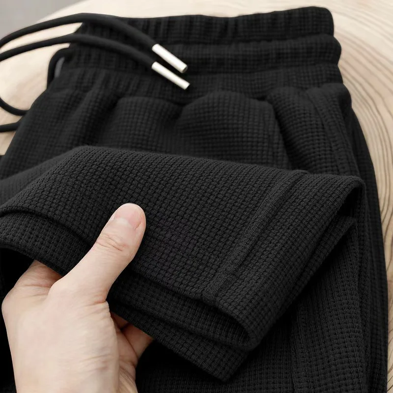 Men's Spring-Autumn Trendy Brand Loose-Fitting Stretchy Straight-Leg Sweatpants. Waffle Fabric. Micro-Bouncy Sporty Casual Pants