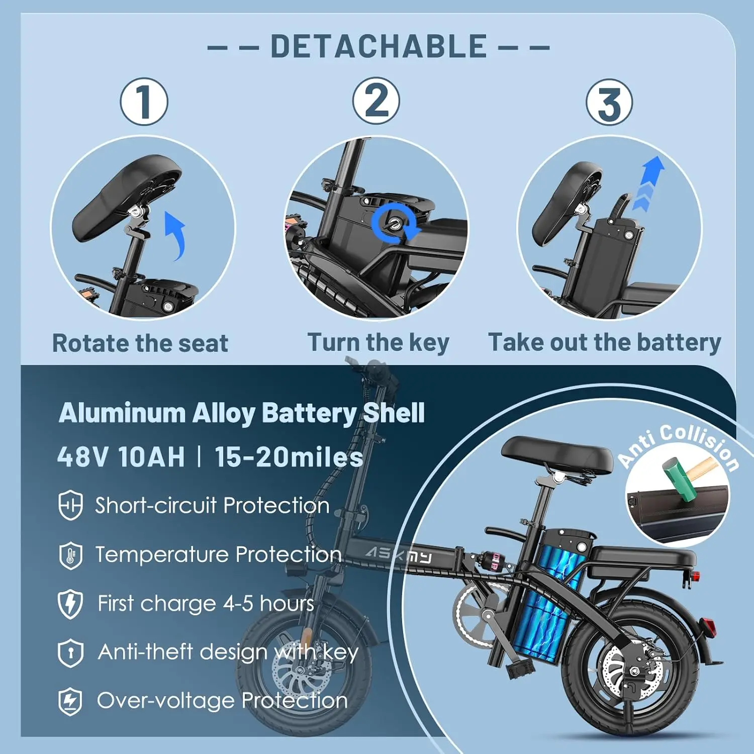 Foldable Electric Bike for Adults and Teens, 750W/1000W Peak Motor Ebike, 48V 10/20AH Removable Battery, 30-60, Customized image 4