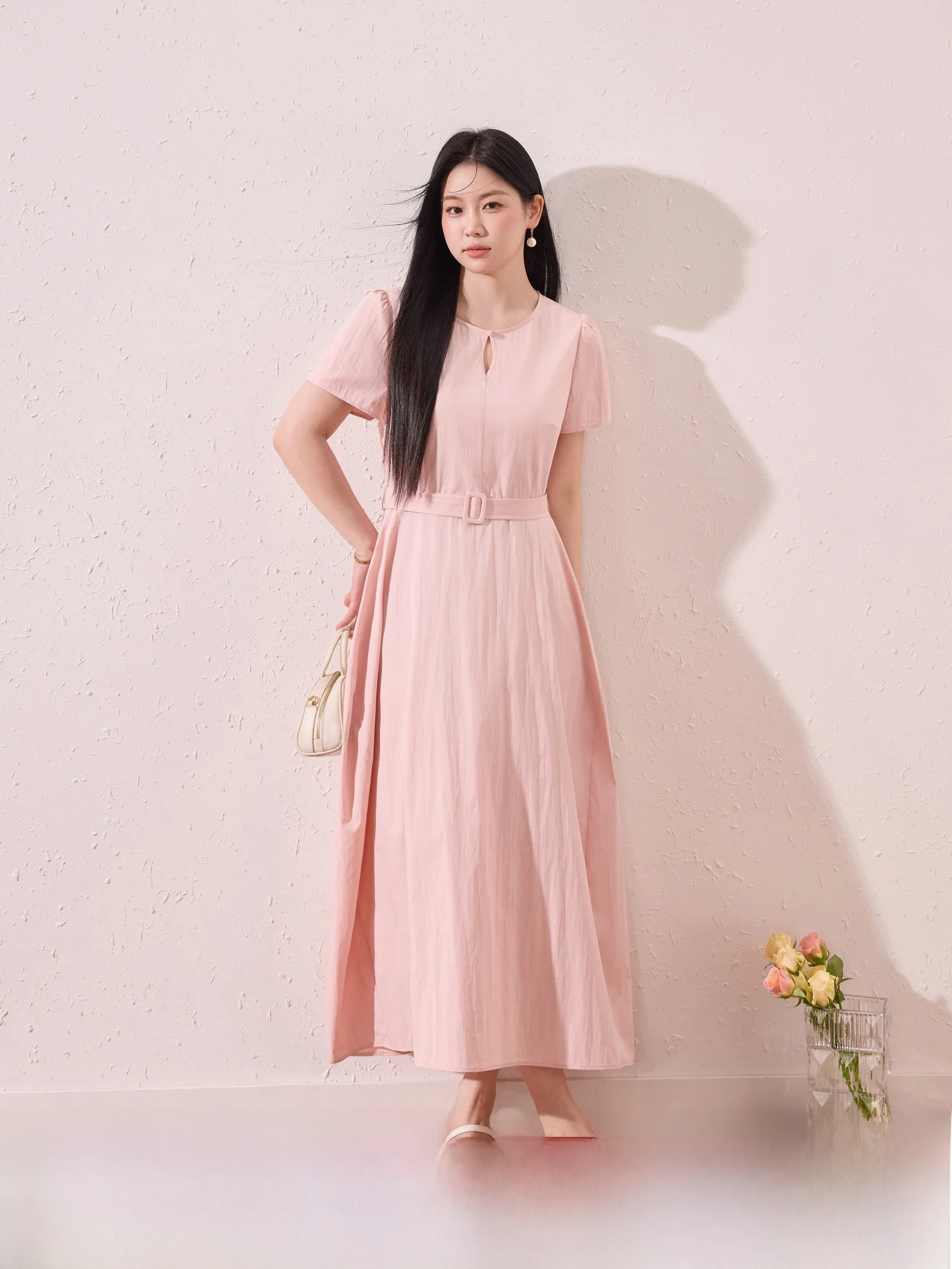 

Ele Pink Flower Bouquet A-Line Dr plus Size Women's Summer Slimming Waist Cinching Meat Concealing Blue Language