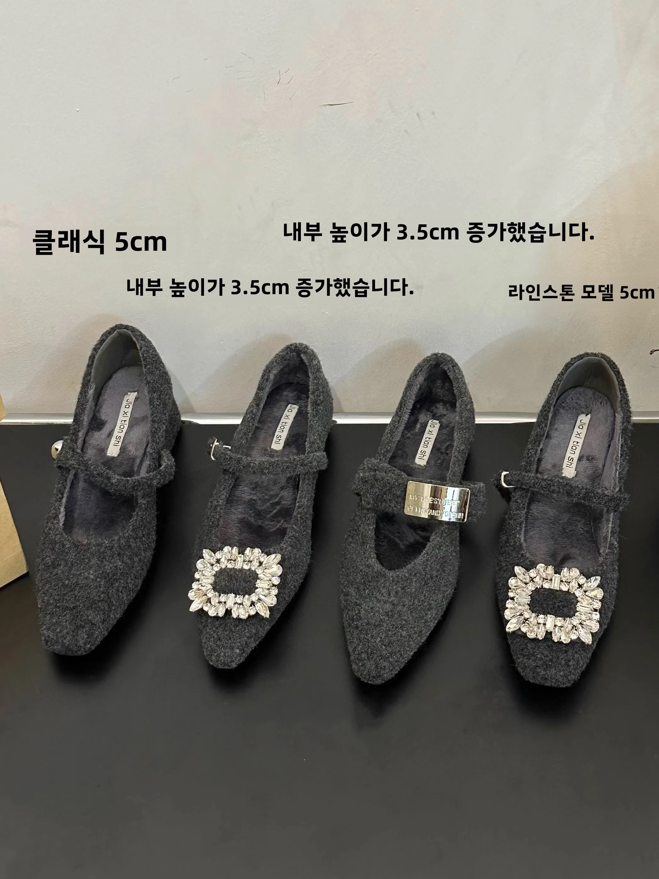 Titing Oni Gray Collection! Elegant Gray Woolen Fleece-lined Mary Jane Shoes Women Autumn and Winter Commuter Miu Single-Laye... 