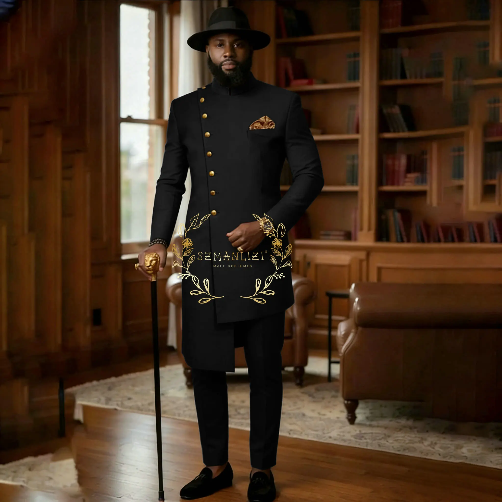 

2026 Fashion African Black Suit for Men Double Breasted Slim Fit Long Jacket Pants 2 Piece Set Business Men Suit Wedding Evening