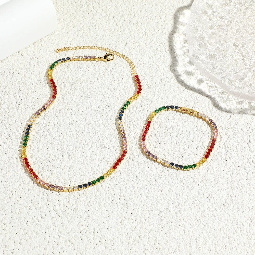 2024 Colorful Rainbow CZ Tennis Chain Bracelet Necklace Micro Pave Red Pink Purple CZ Gold Plated Fashion Wedding Set Jewelry