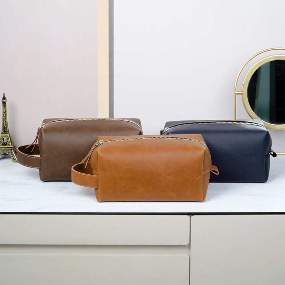 Custom Logo Business Portable Men\'S Leather Toiletry Bag Travel Dopp Kit Mens Hanging Hygiene Makeup Bag For Men Women