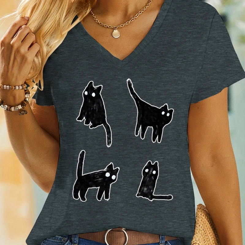 Fashion Summer Girls Clothing Funny Black Cat Graphic T-shirts Cartoon Cute Cats Trending T-shirt Female Youthful Woman Clothes