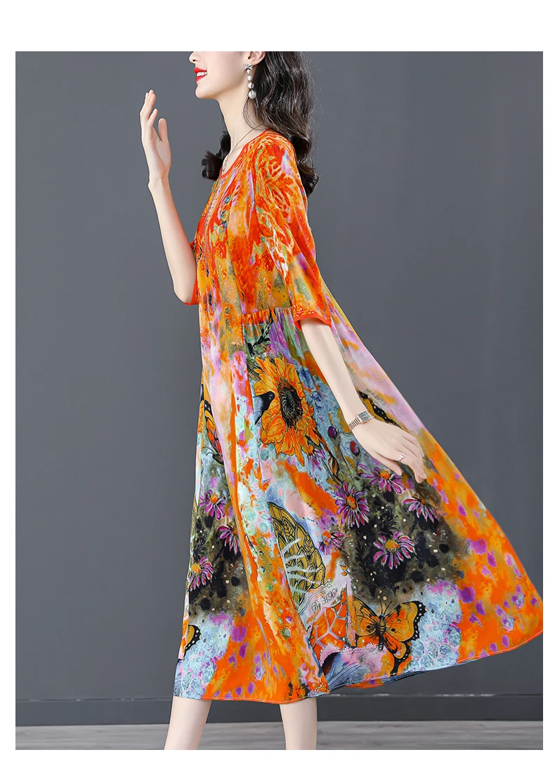 Women Floral Mulberry Silk Midi Dress Spring Summer Elegant Loose Waist Plus Size Dress 2024 Korean Vintage Casual Party Dresses