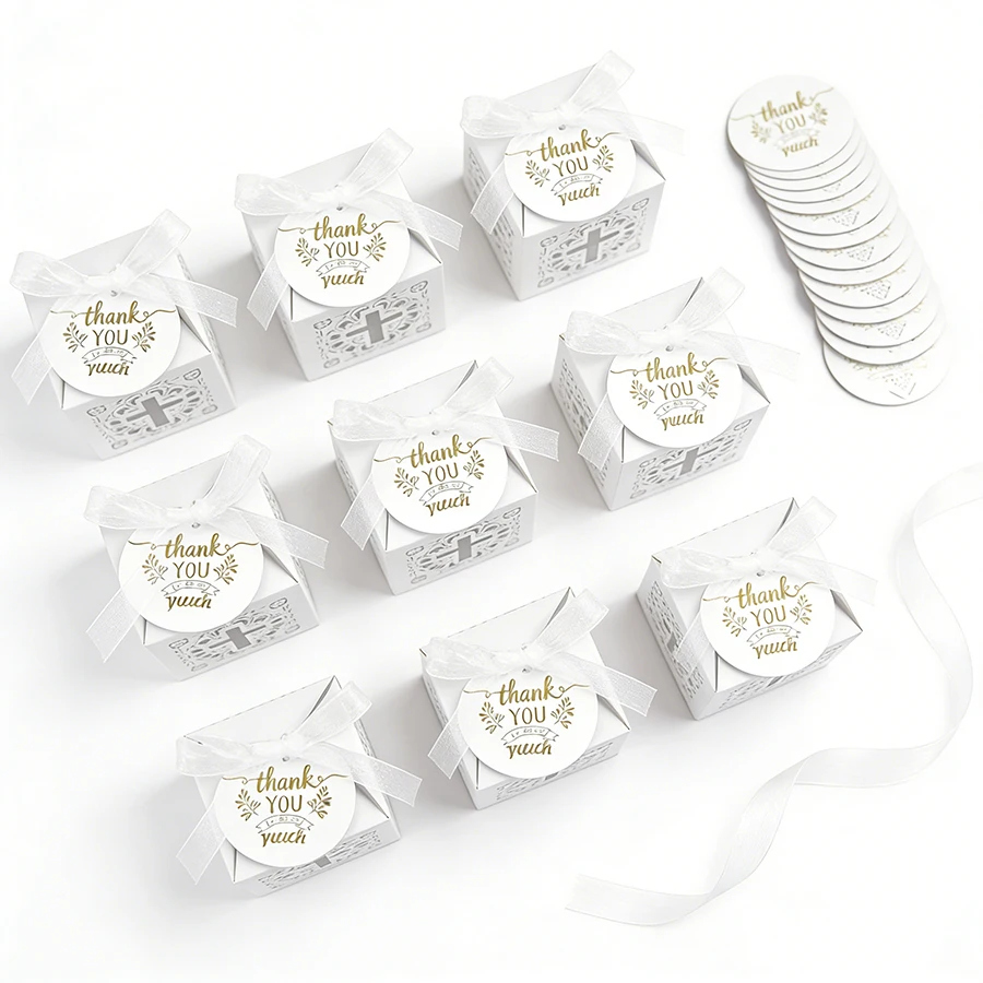 Laser Cut Cross White Candy Boxes with Tags & Ribbons