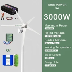 3000W Horizontal Wind Turbine Generator 12V 24V 48V Powerful Dynamo Free Energy With MPPT Off Grid System Homeuse Windmill