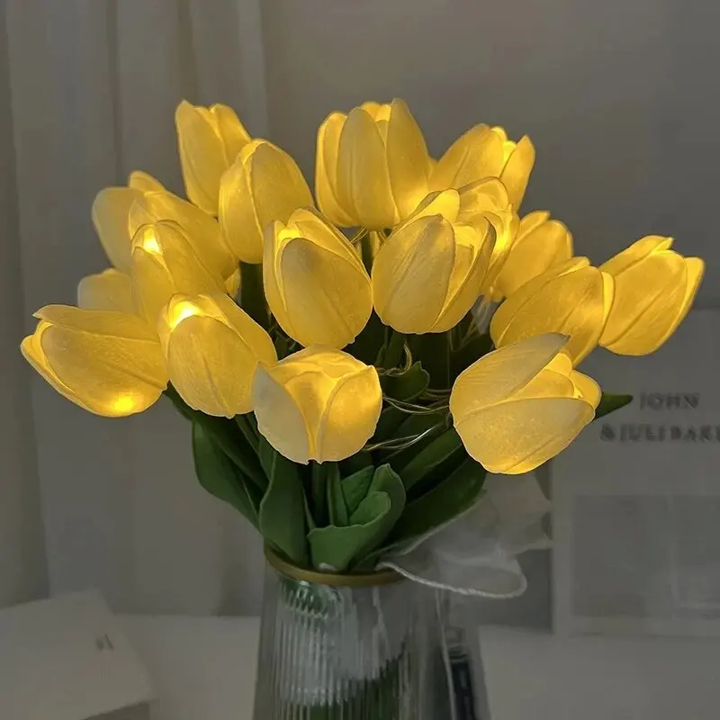 10pcs LED Tulips Artificial Flowers PU Tulip Fake Flower Bouquet Night Light for Home Garden Decoration Wedding Birthday Gift