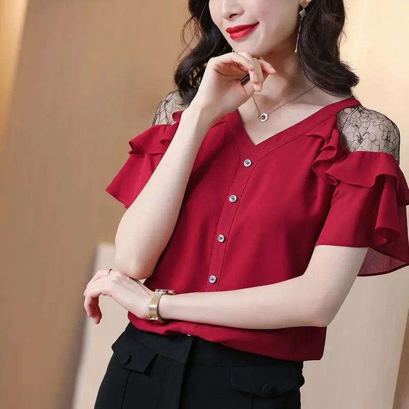 Office Lady Loose Stylish Ruffles Spliced Shirt Summer Off Shoulder Elegant Lace Hollow Out Female Clothing V-Neck Button Blouse