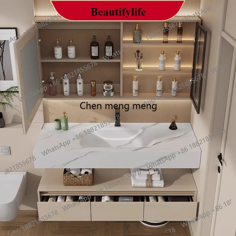 zG185 Rockplatten-Waschtisch mit integriertem Becken, Badezimmerschrank-Kombination, Waschbecken, intelligenter Glasspiegelschrank für das Badezimmer