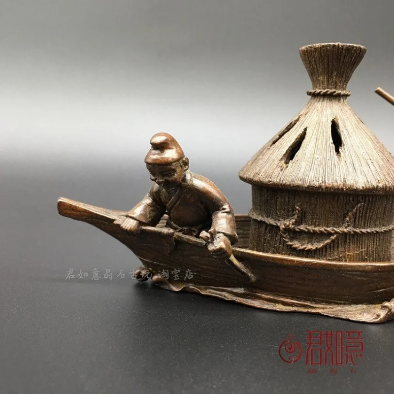 Solid Fishing Boat Ornament Grain Harvest Figure Creative Incense Burner Small Copper