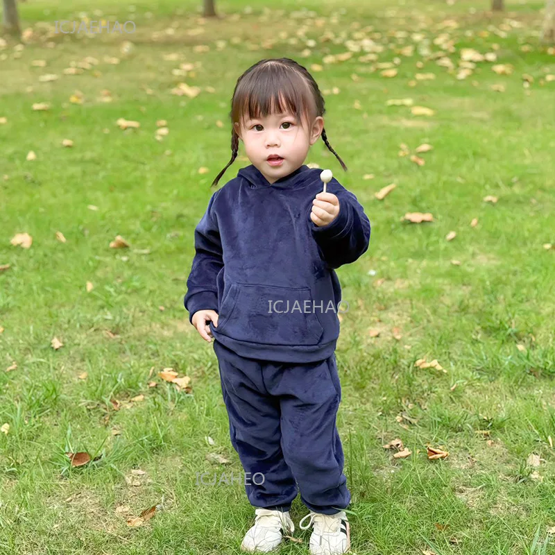 Boys Girls Velvet Warm Long Sleeve Hooded Outfit Tracksuit Outdoor Wear Autumn Winter Kids ClothesSet Children Clothing Casual