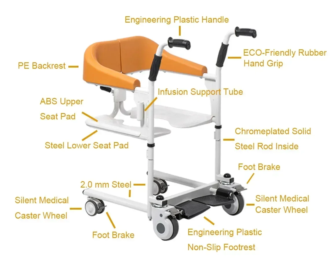 Manual Patient Transfer Chair with Commode for Handicapped Elderly Four-wheel Versatile flexible Lifting Platform Hot Sale