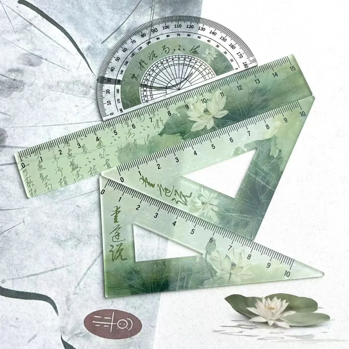 Chinese Poetry Green Lotus Ruler 4-piece Set Students Transparent Triangle Ruler Protractor Stationery Back To School Supplies