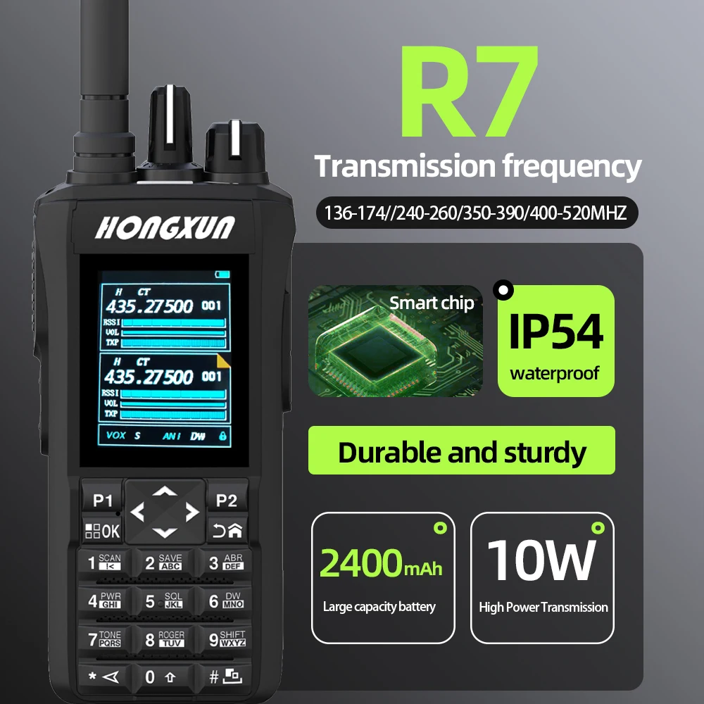 HX-R7 Walkie Talkie 10W UHF/VHF 4-bands 2" kleurenscherm Type-C/Dock Oplaadkanaalscan One-Touch Frequency Sync Kanaalscan