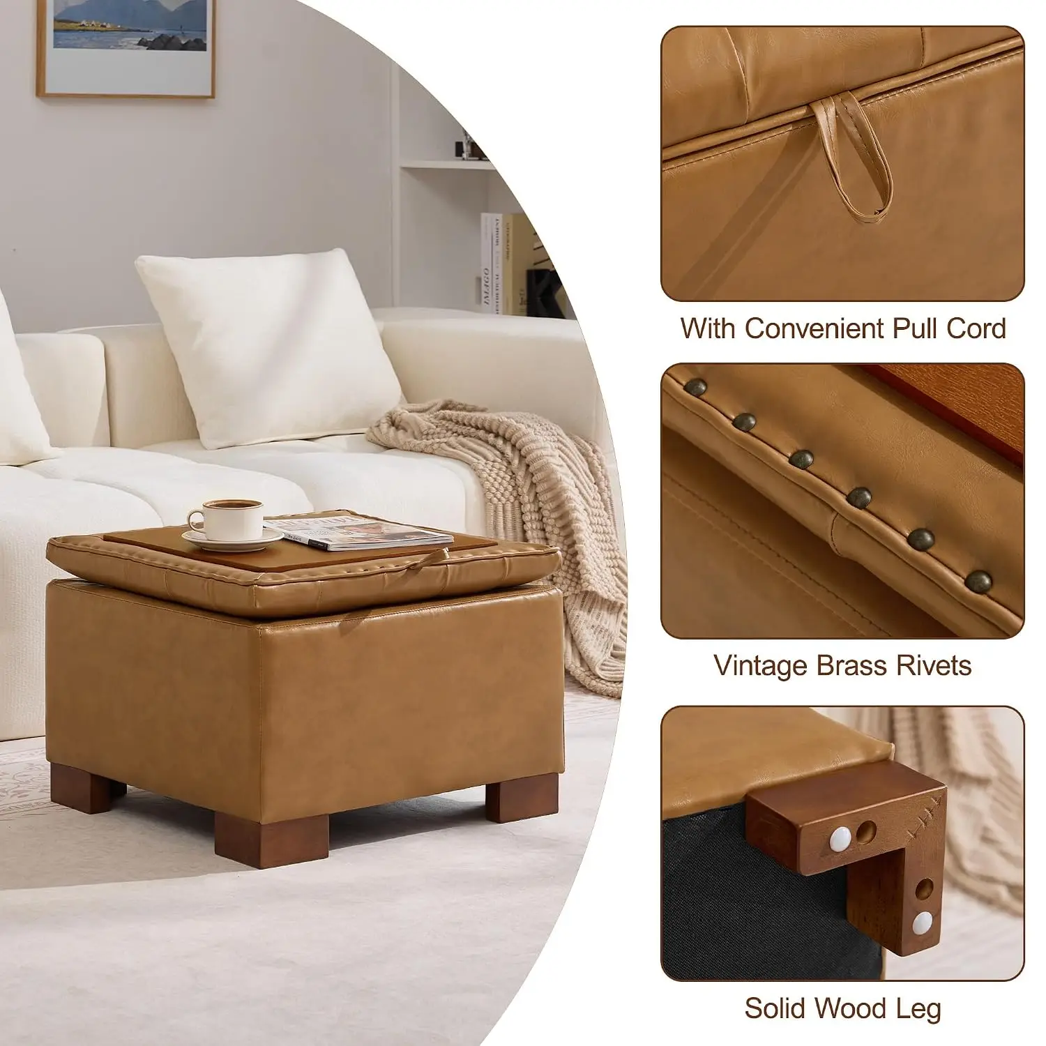 Faux Leather Storage Ottoman with Tray, Tufted Footstool Coffee Table for Living Room & Bedroom, 24 Inch, Customized