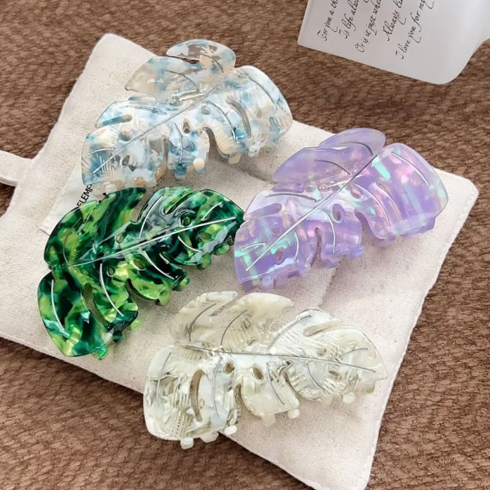 Creative Green Plant Leaves Hair Claws Headwear Geometry Acetate Hair Clip Hairpin Hair Grab Female view 3
