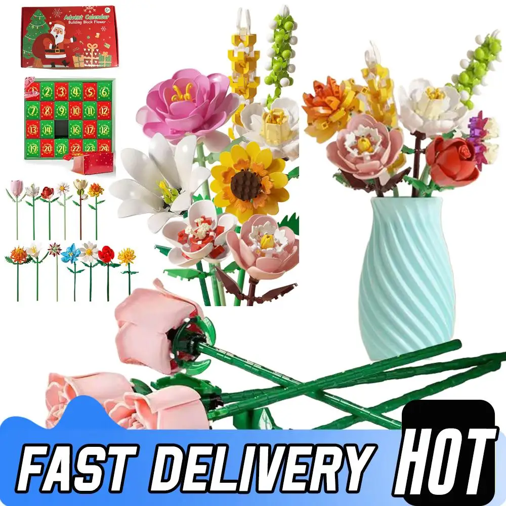 

Christmas Advent Calendar Flower Bouquet Building Blocks Xmas Countdown Calendar Birthday Holiday Gift Valentine's Day Rose Set