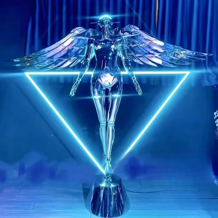 Futuristic Wings Female Statue High End Bar Nightclub Decoration Neon LED Light Cyberpunk Angel Sculpture