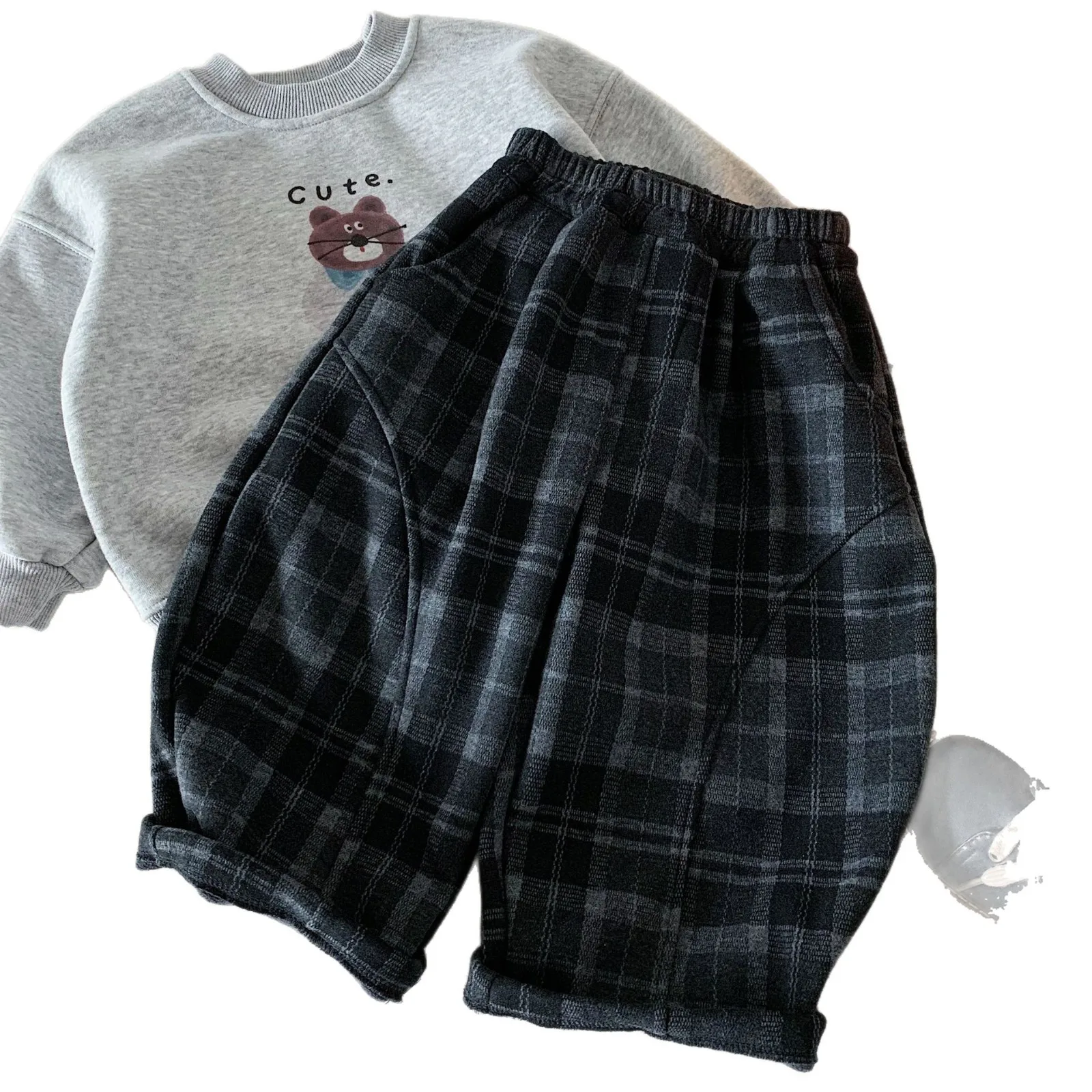 Trousers Winter New Child Checkered Flannel Casual Pants Primary and Secondary Children Loose Pants Thick Warm