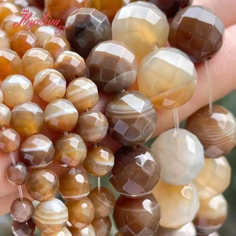 6mm/8mm/10mm Round Faceted Stripe Brazil Agate Natural Stone Beads For Jewelry Making DIY Necklace Bracelet 7 Inches/15Inches