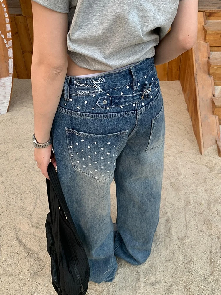 

Джинсы в американском стиле для девушек, уникальный дизайн, женские, весенние, новые, ретро, с принтом звезд, широкие, в пол, брюки