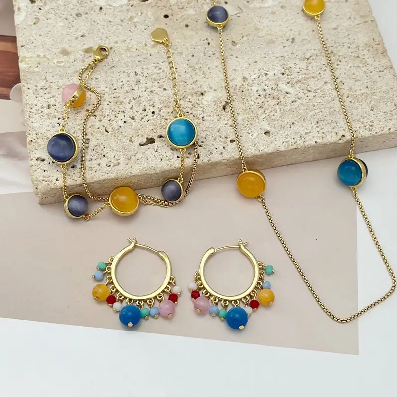 

New Light Luxury Colorful Natural Cat's Eye Stone Stitching Design Inlaid Hoop Earring Bracelet Necklace Jewelry Set for Women