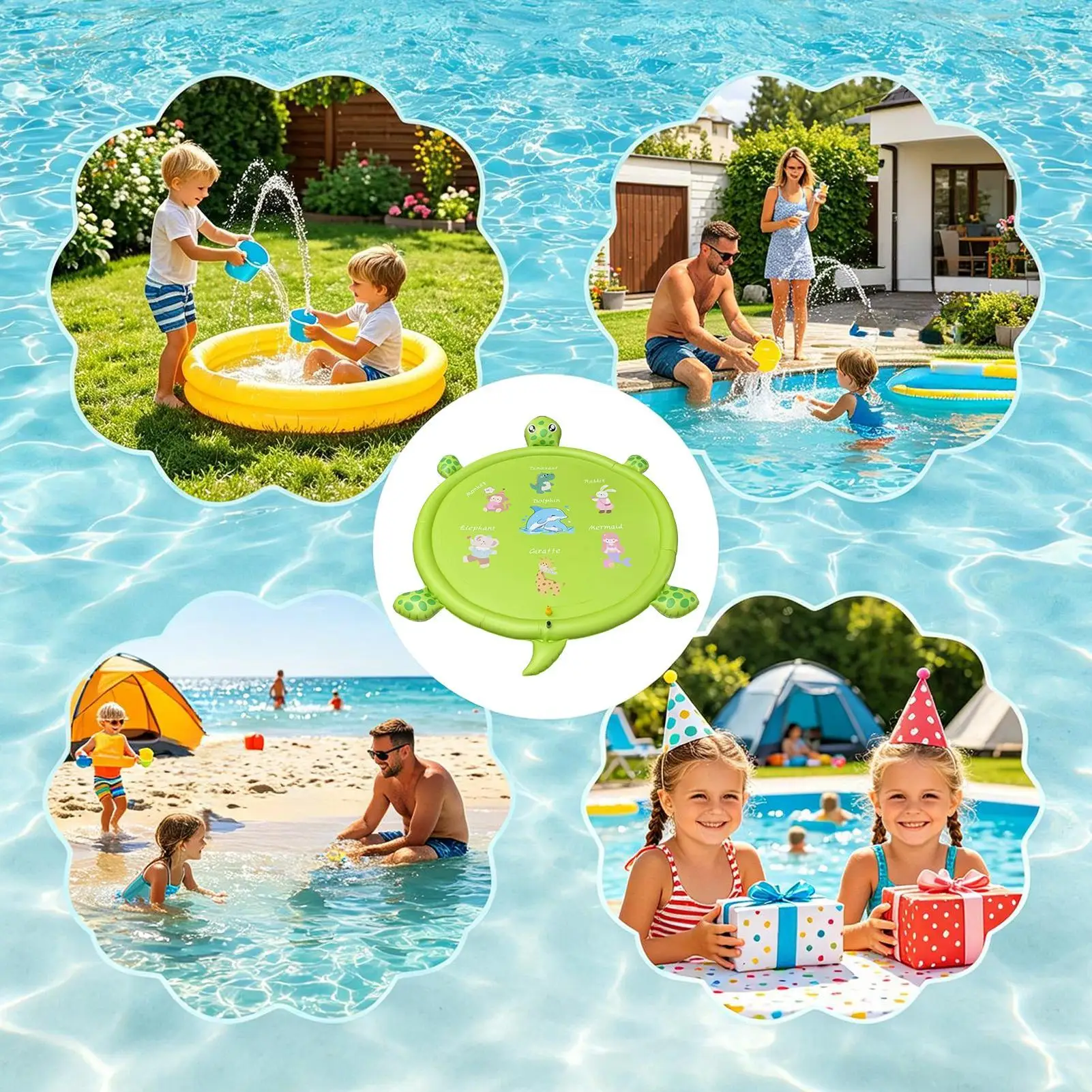 Kids Spraying Pad 83.9in Large Non-slip Cute Animal Print Water Play Mat Sprinkler For Boys Girls Pets Backyard Garden Lawn
