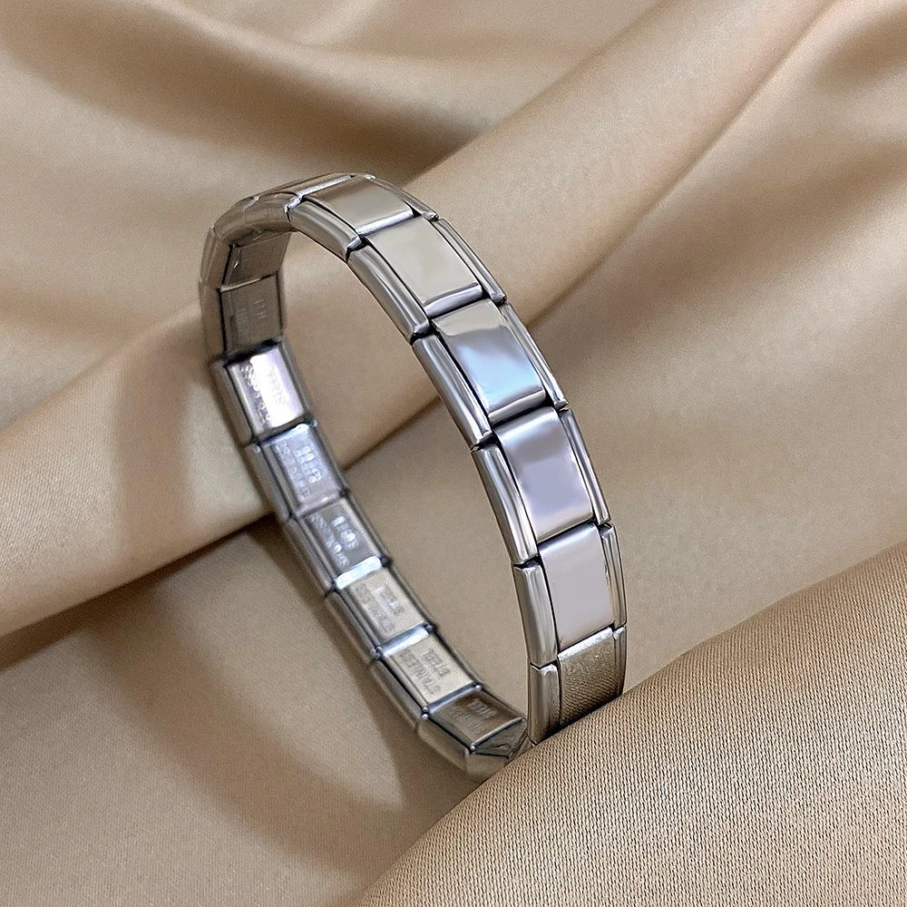 Italienisches Charm-Starter-Edelstahlarmband für Damen und Herren, dehnbares Armband, modulare Gliederkette, goldfarbener Armreif – Detail 6