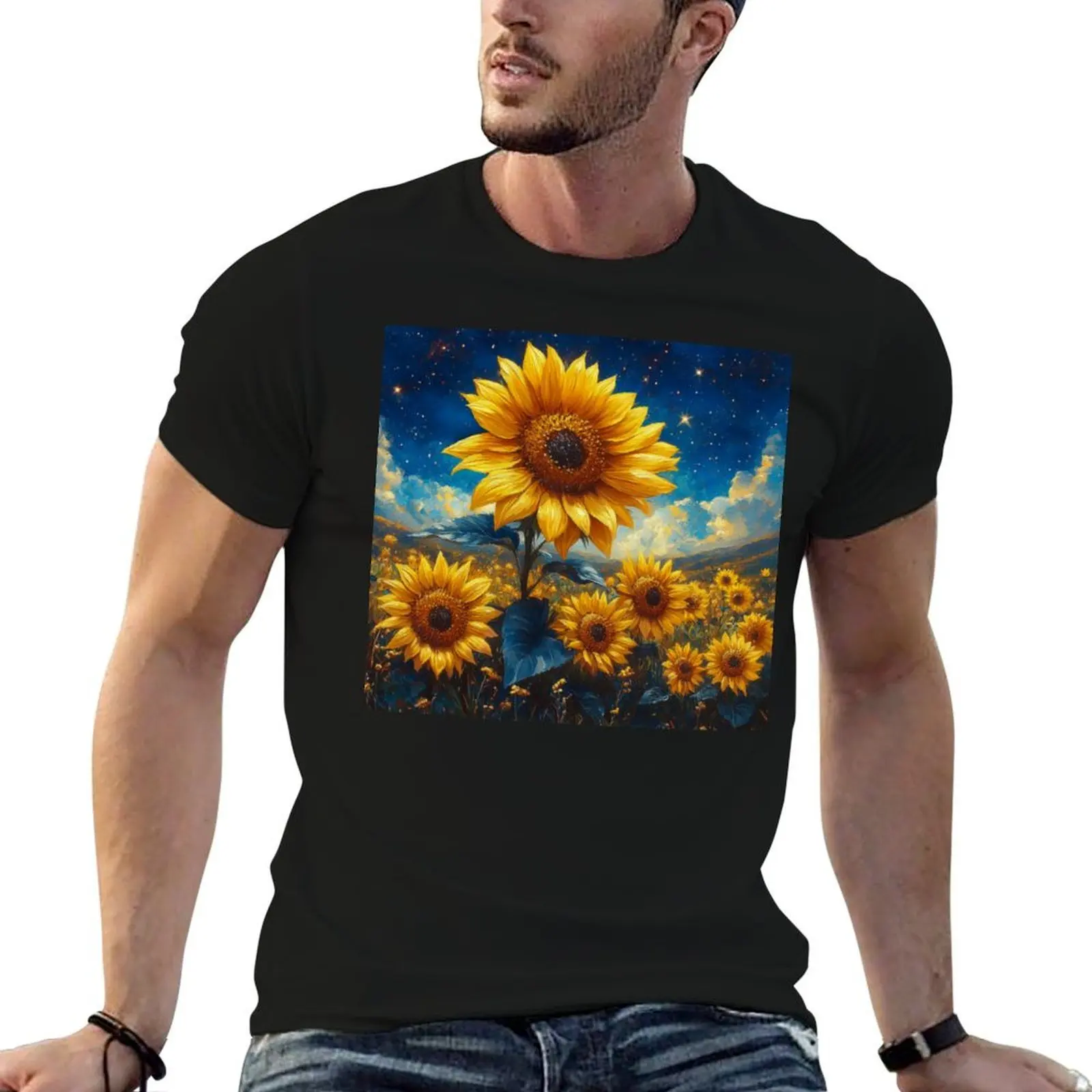 Enchanted Sunflowers Under a Starry Sky Fantasy Art T-Shirt cotton graphic tees funny shirt cotton mens graphic t-shirts anime