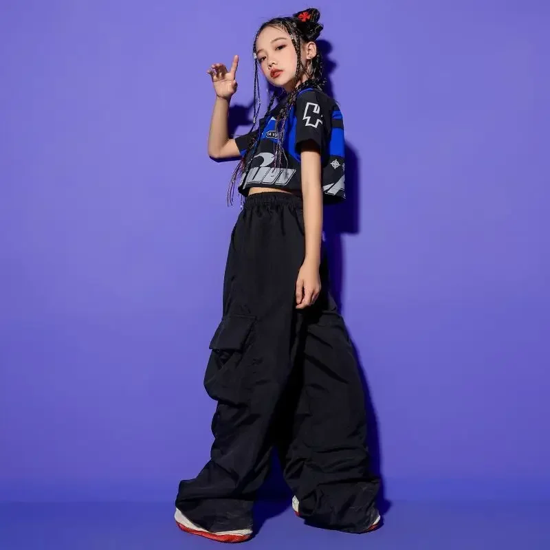 Fashion Girls Jazz Dance Costume Short Coat Black Cargo Pants Kids Hip Hop Outfits Teenagers Group Stage Performance Clothes Set