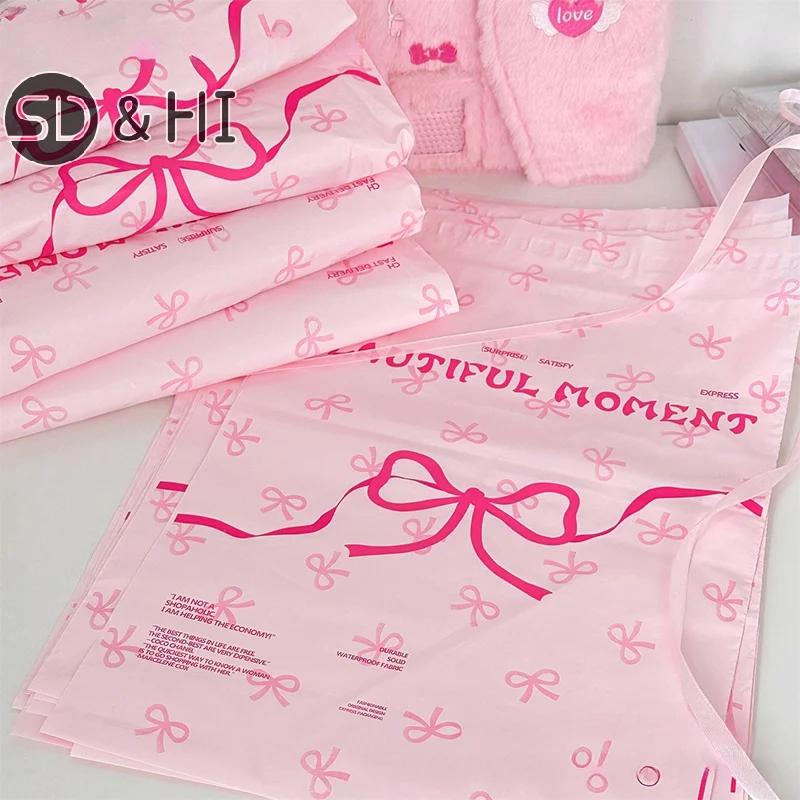 Bolsas de mensajería de plástico rosa con nudo de lazo, sobre exprés impreso, embalaje de ropa, sobres de envío, bolsa de correo autoadhesiva, 10 Uds.