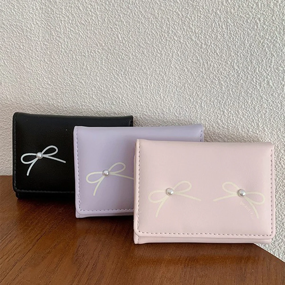 Bow Short Folding Wallet for Women Korean Style Handheld Money Bag Coin Purse PU Leather Lightweight Heart Photo Card Holder