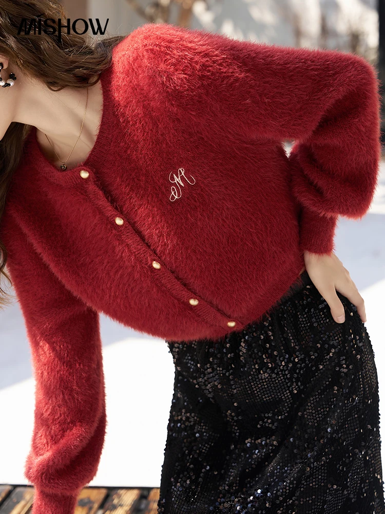 MISHOW Red Sweater Cardigan Women Winter Loose Knitted Jacket Jumpers Office Lady Crop Lazy Style Imitation Mink Top MXC58Z0294