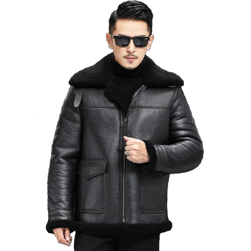 

Denny&Dora Classic Shearling Jacket B3 Bomber Jacket Men Shearling Black Leather Jacket