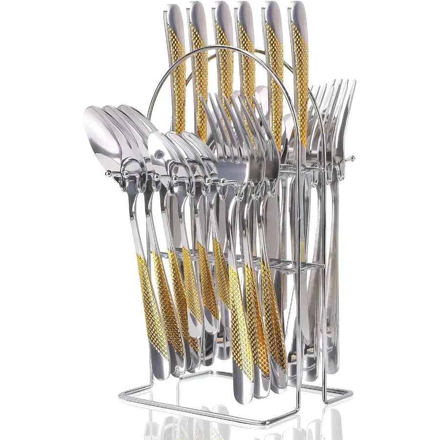 

24Piece Gold Stainless Steel Flatware Set with Silverware Holder for 6 People Cutlery Set with Antiskid Handles Elegant Kitchen