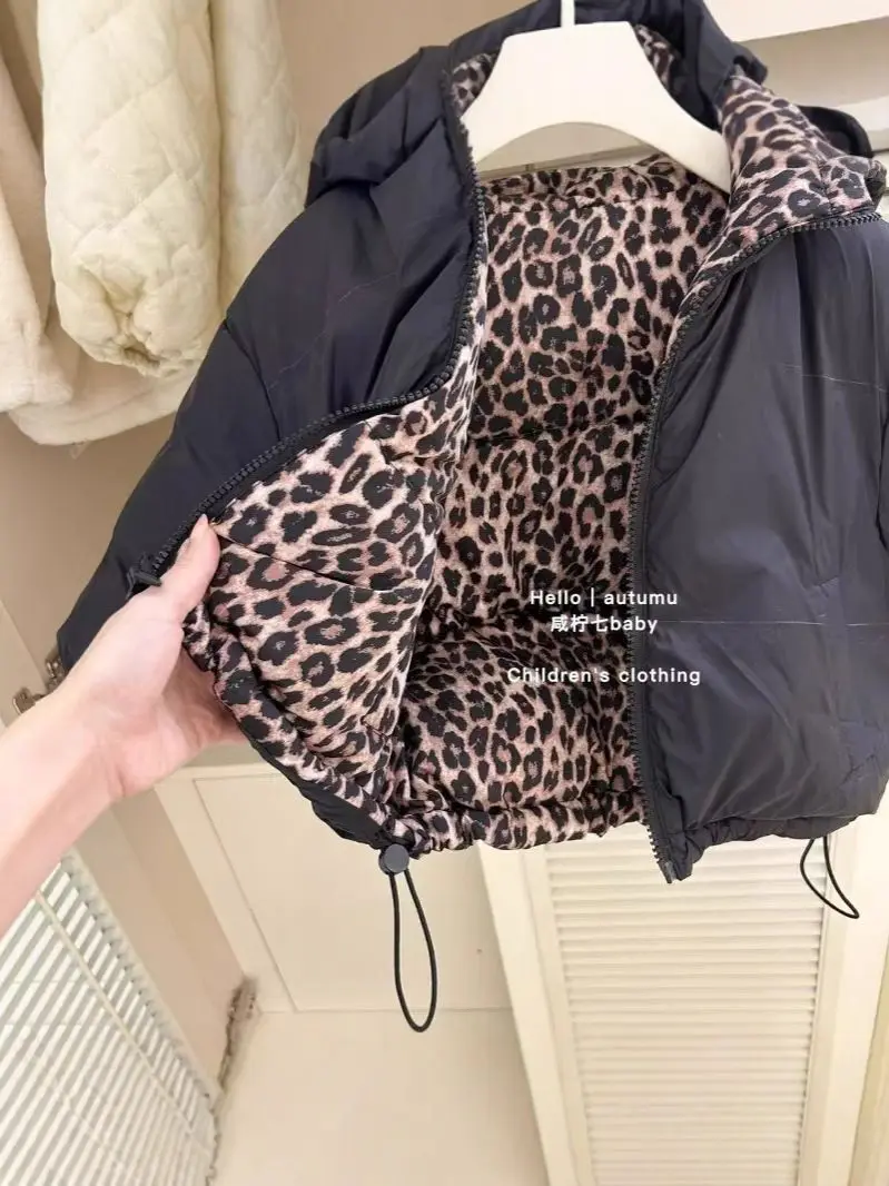 Girls Winter Coat Teenager Leopard Print Cotton Padded Clothing Big for Kids Boys Hooded Reversible Jacket Warm Thick Outerwear