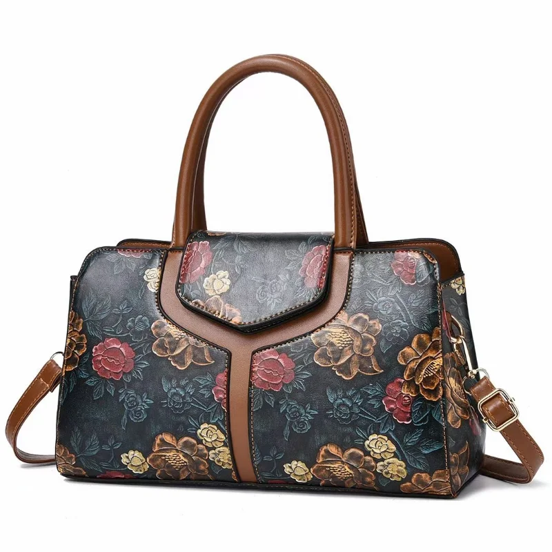 Fashion Shoulder Tote Bag for Women Retro Flower Pattern Portable Satchel PU Commuting Luxury Boston Female Crossbody Handbags