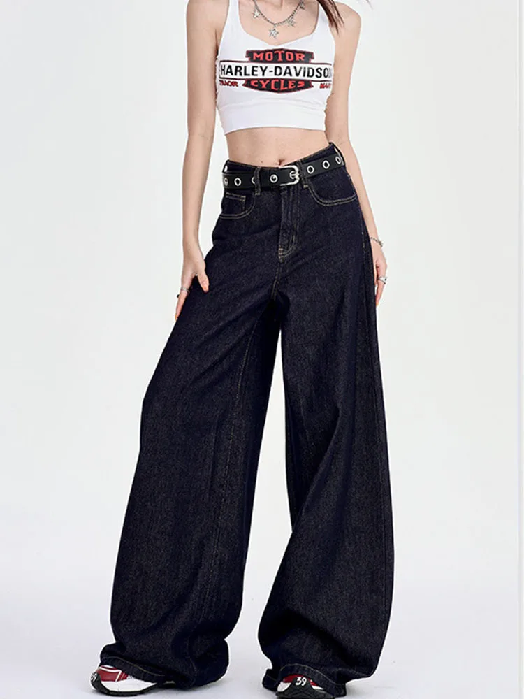 Women's Retro Spring Autumn Loose Dark Blue Jeans Denim Trousers