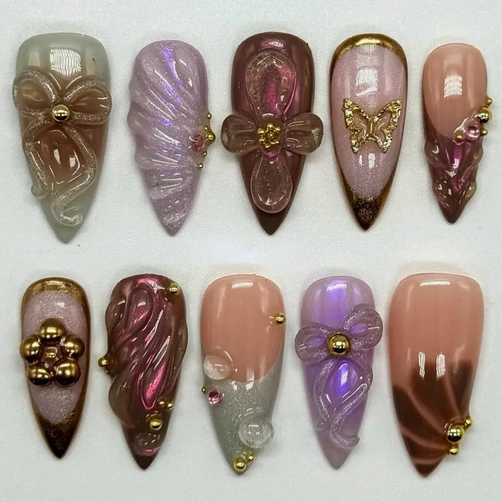 

10Pcs Handmade Manicure Medium Almond Fake Nails New Cute Ballet Limited Nails Press On Nails Design with Adhesive Nail File Set