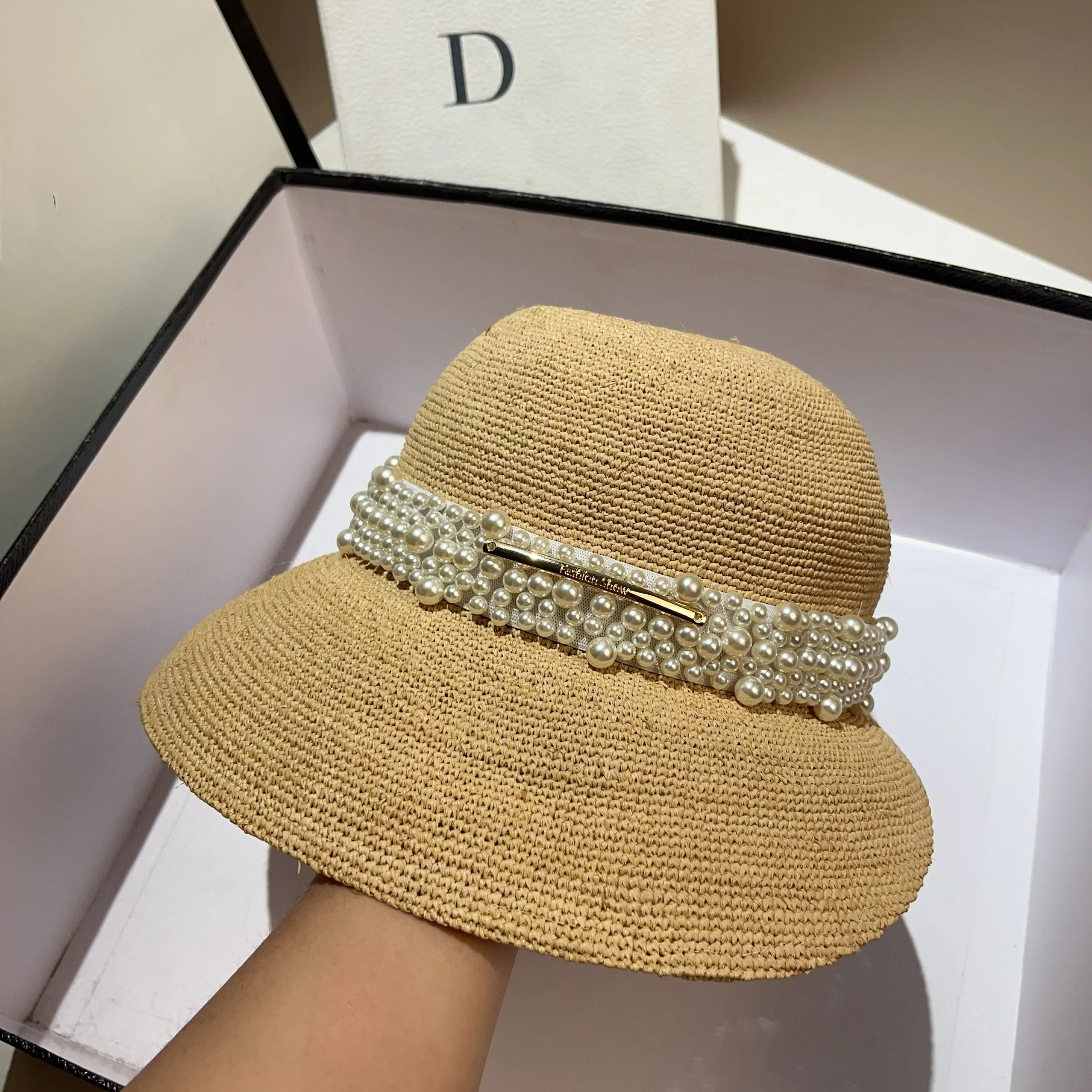 High quality natural raffia straw hat for outdoor shading and sun protection pearl woven ribbon straw hat for summer beach tourm