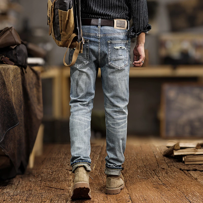 

JX NS129 broken hole jeans men's American gangster handsome Slim small leg trousers do old casual trousers only high quality