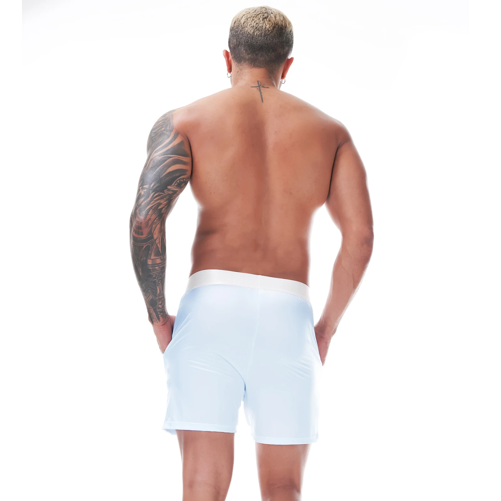 Glänzende Herren-Satin-Boxershorts mit breitem Bund, locker sitzende Boxershorts, glatte, dehnbare Lounge- und Schlafunterwäsche, Homewear-Unterhosen – Detail 14