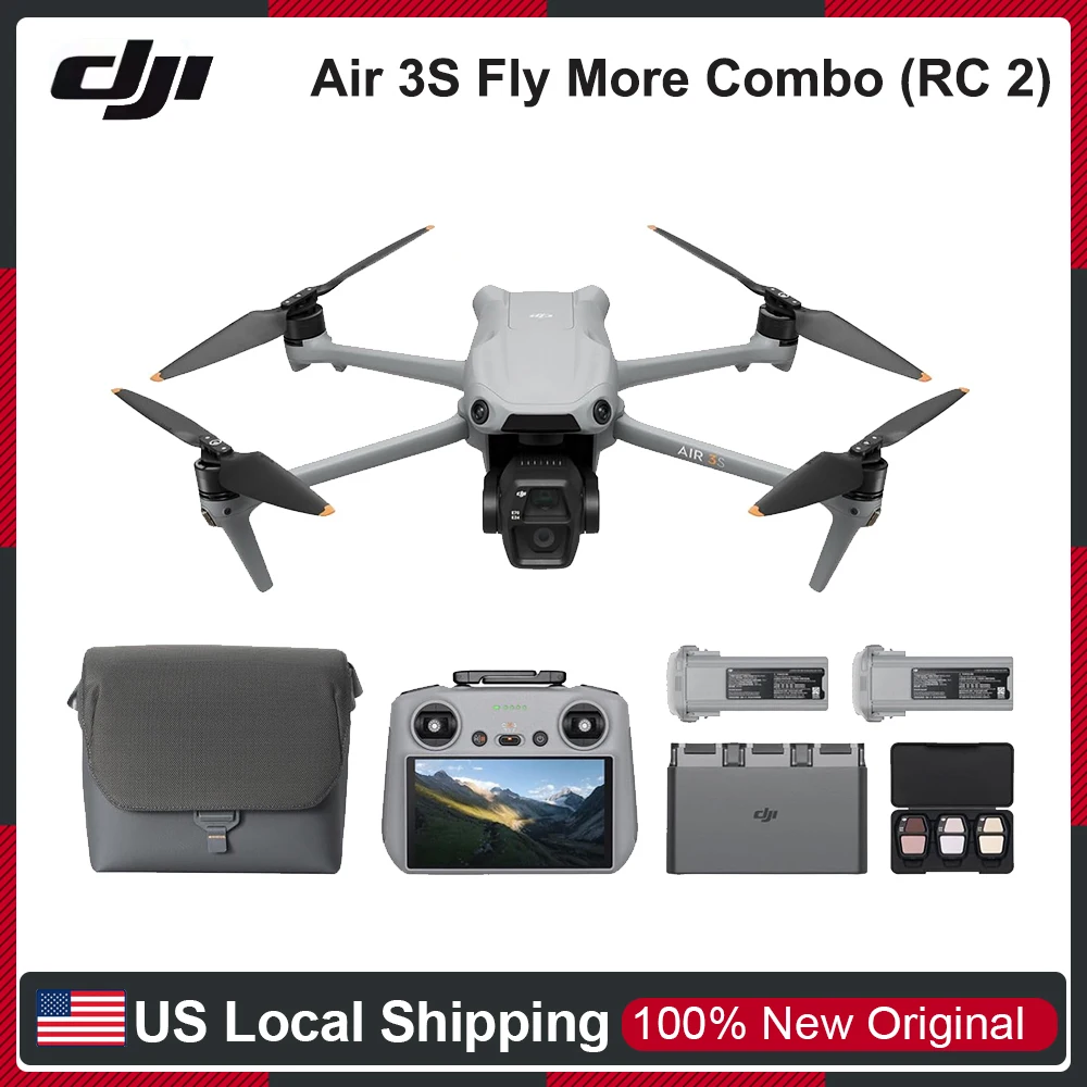 DJI Air 3S Fly More Combo With RC2 Remote Controller Drone 4K Professional Drones With 1″ CMOS Wide-Angle & Medium Tele Camera for Adults, 4K/60fps, Omnidirectional Sensing, 3 Batteries