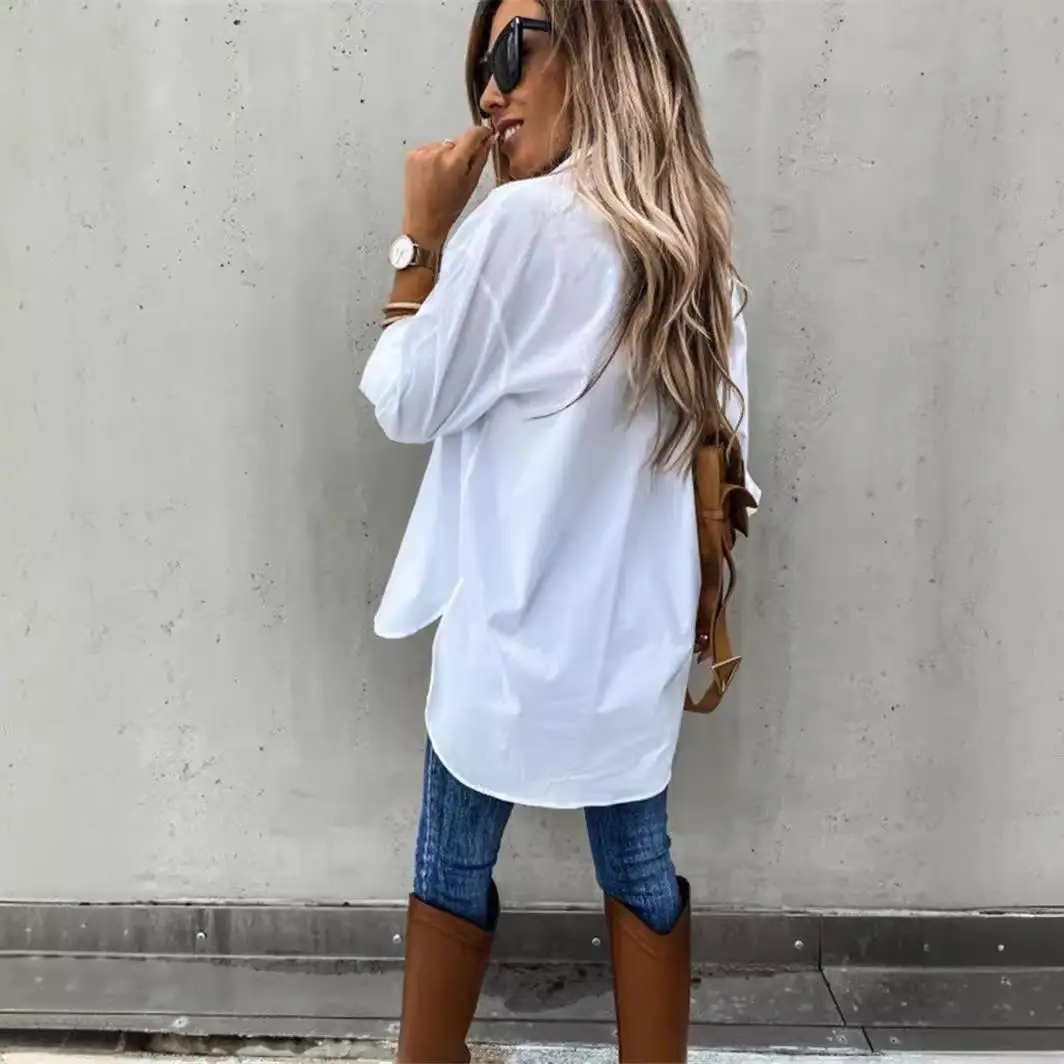 Długi sweter z wywijanym kołnierzem, luźny krój, włókno poliestrowe 100%, europejski styl, wiosenna kolekcja, jednolity kolor.